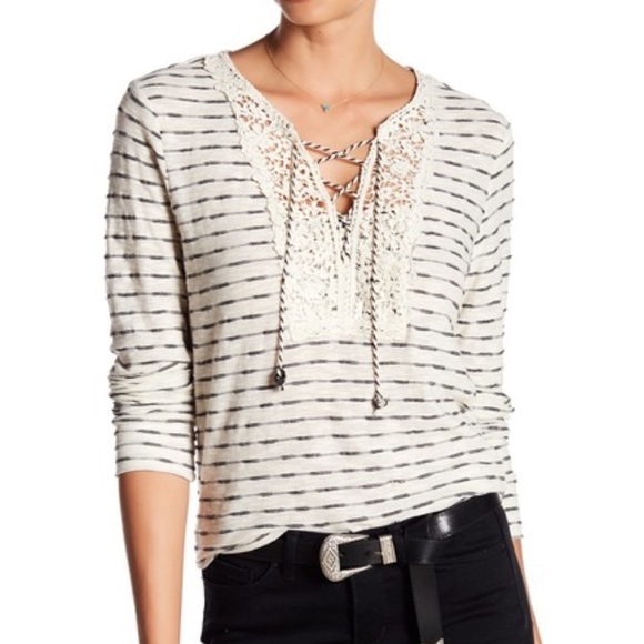 Vintage America Tops - Vintage America Phoebe Textured Stripe Lace-Up Tee